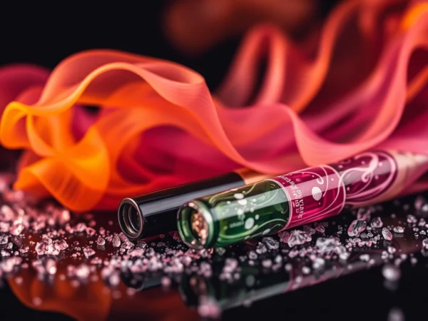 Illustration of the crystal vape 6000 puffs showcasing its convenient design and variety of flavors including Watermelon Ice and Kiwi Passionfruit Guava.